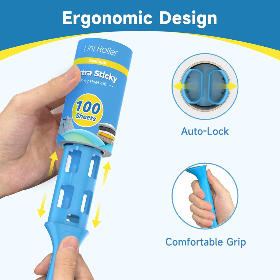 Swihauk 600 Sheets Extra Sticky Lint Rollers for Pet Hair, Easy Spiral Tear Lint Roller for Clothes with Ergonomic Handle, MultiPLrpose Lint Remover for Furniture, Carpet, Car Seat