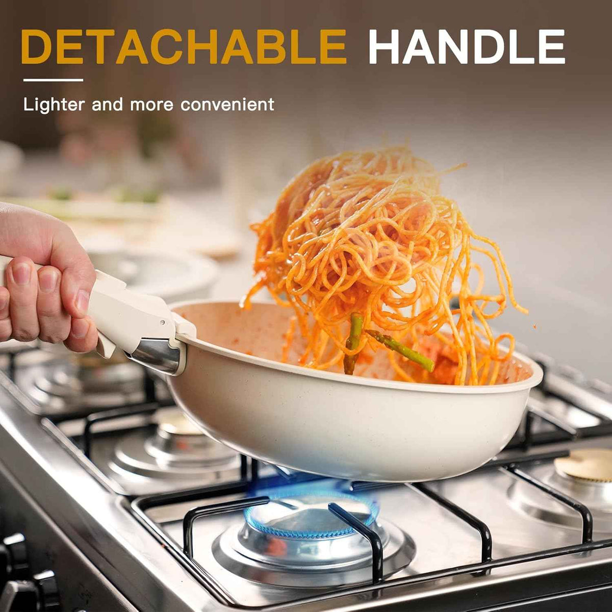 Astercook 21 Pcs Ceramic Non-stick Cookware Set, Detachable Handles, Oven Safe, Induction Ready, Stackable, Cream White