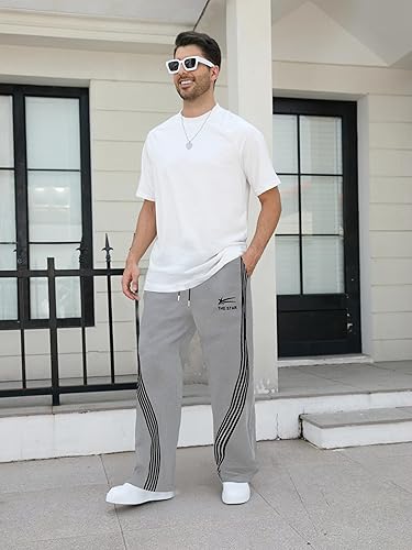GORGLITTER Men's Baggy Wide Leg Sweatpants Y2K Striped Side Drawstring Waist Barrel Track Pants with Pockets