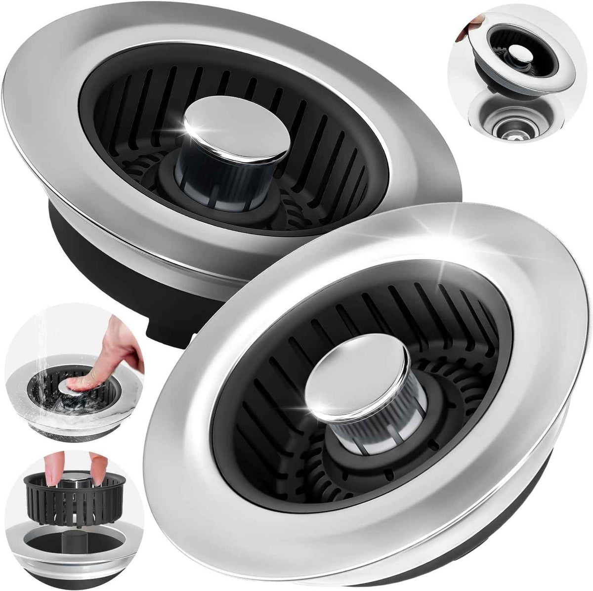 Upgraded 3in1 Kitchen Sink Drain Strainer & Sink Stopper, Stainless Steel Kitchen Drain Plug & Sink Installation Parts with Anti-Clogging Basket, Fit US Standard 3-1/2'' Sink Drain Hole, Silver