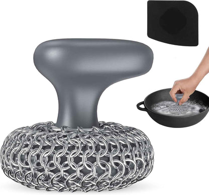 Purgreat Cast Iron Scrubber | Dish Scrub Brush | 316 Cleaner Chainmail Scrubber for Cast Iron Pan Skillet Cleaner - Dish Scouring Pad Dishwasher Safe Cleaning Kit, Black 02