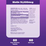 Natrol Biotin 10000mcg, 4X Faster Dissolve Supplement for Healthy Hair, Skin and Nails for Those Low in Biotin, Plus Energy Metabolism Support, 60 Tablets, Up to a 60 Day Supply