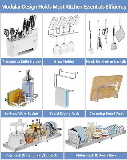 3 Tier Extra Large Over The Sink Dish Drying Rack, Expandable Stainless Steel Dish Drainer with Multifunctional Organizer, Space-Saving Above Sink Dish Rack with Large Capacity for Kitchen Counter