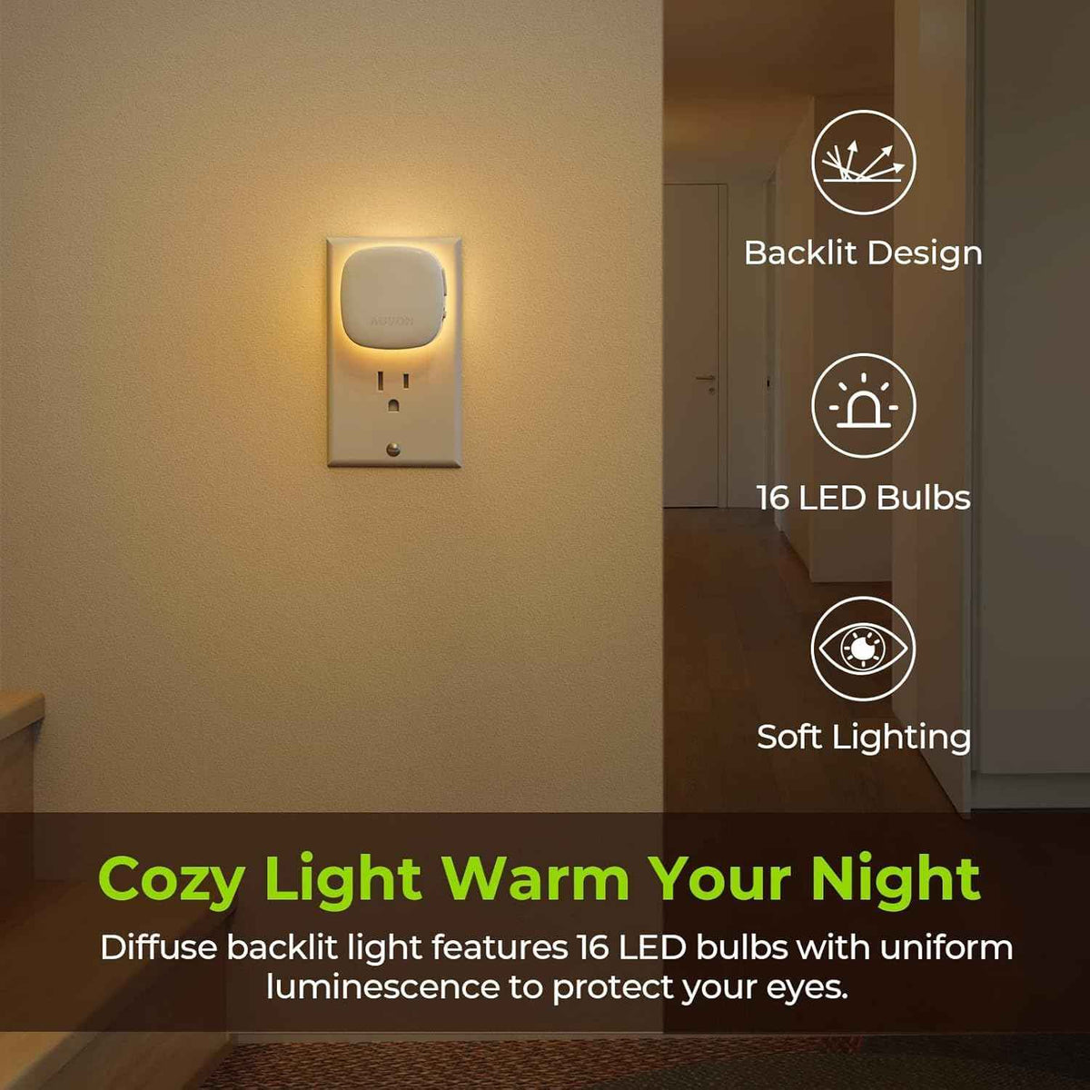 auvon plug-in led backlit night light with motion sensor and dusk to dawn sensor, warm white, adjustable brightness (4 pack)