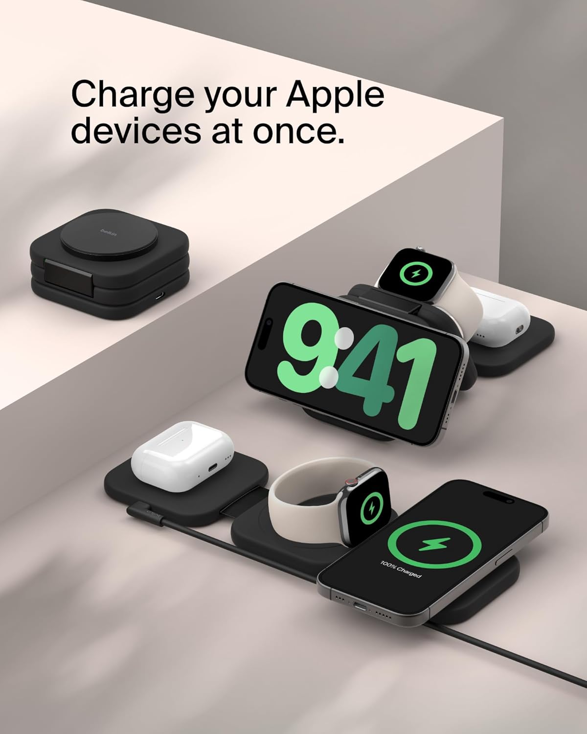 Belkin MagSafe Charger Compatible 3-in-1 Magnetic Charging Travel Pad 15W-BoostCharge Pro Foldable Qi2-Certified Wireless Charger, MagSafe-Compatible Charger for iPhone 16 Series, Apple Watch, AirPods