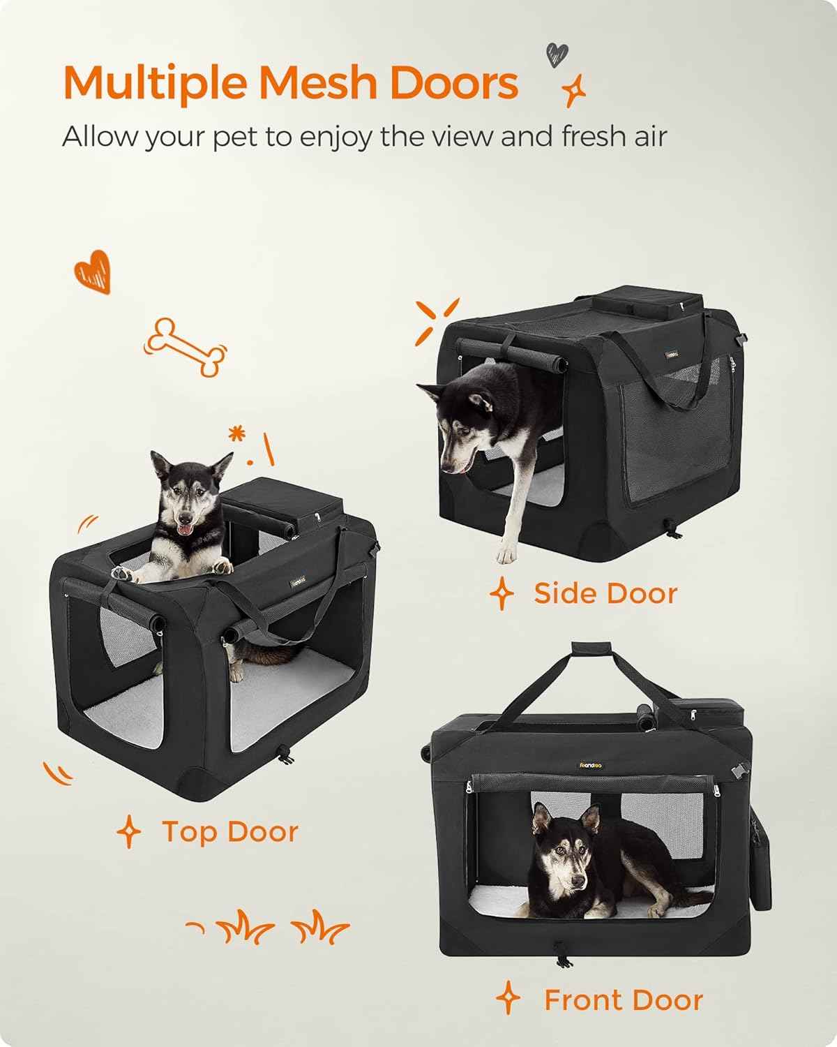 Feandrea 40 Inches Collapsible Soft Dog Crate, Portable Travel Dog Crate for Indoor and Outdoor Use, Dog Carrier Kennel with Safety Zippers, for Living Room, Car, Travelling, Camping, Black UPDC10H