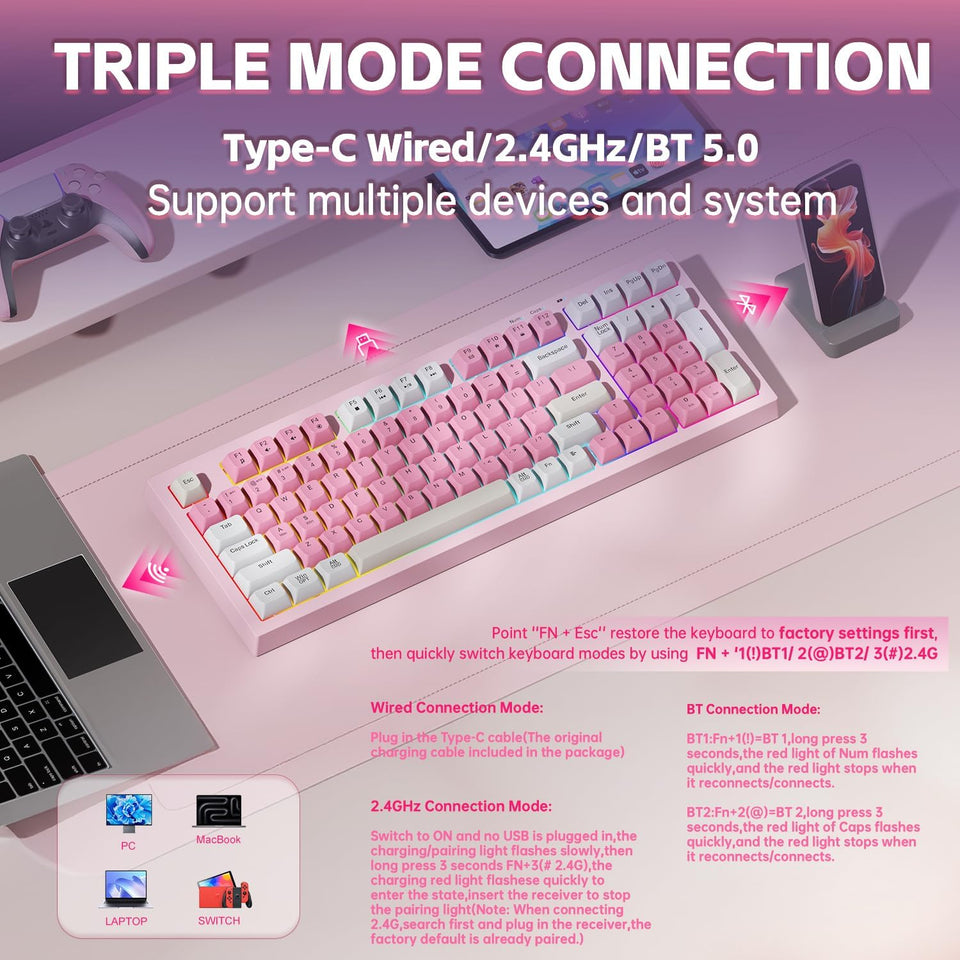 LEOBOG x Aula Gaming Keyboard, Wireless Creamy Keyboard, Bluetooth Computer Keyboards Ergonomic Pink Keyboard Full Size with Number Pad Light Up RGB Backlit Tri-Mode BT/2.4GHz/USB-C - K99