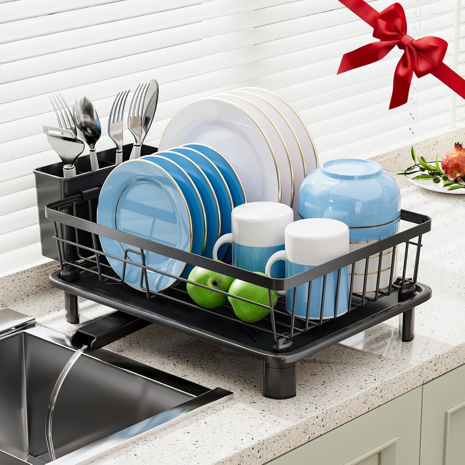 Dish Drying Rack, Stainless Steel-Dish Rack, Dish Racks for Kitchen Counter, Kitchen Dish Drainers with Removable Utensil Holder,New drain outlet,Plate Rack and Drainboard,(Black-11" W x 15" L)