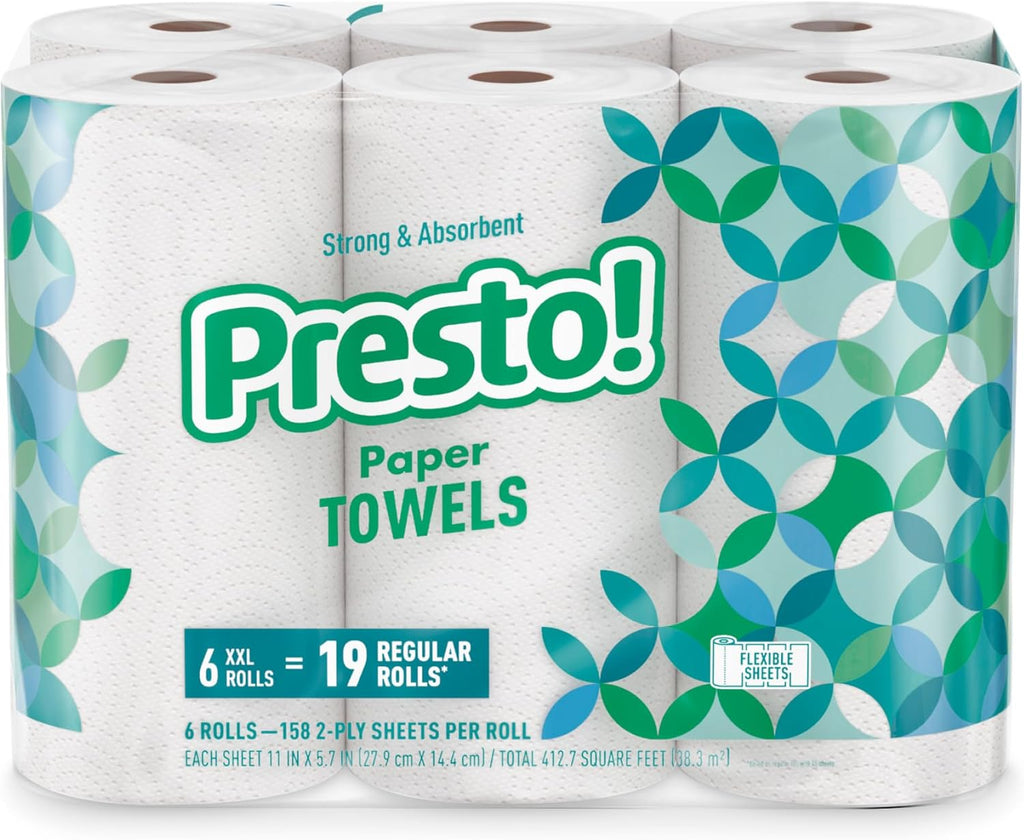 Amazon Brand - Presto! Ultra-Strong Premium Paper Towels, 158 Sheet Huge Roll - Flex-a-Size, 12 Rolls (2 Packs of 6), Equivalent to 38 Regular Rolls, White