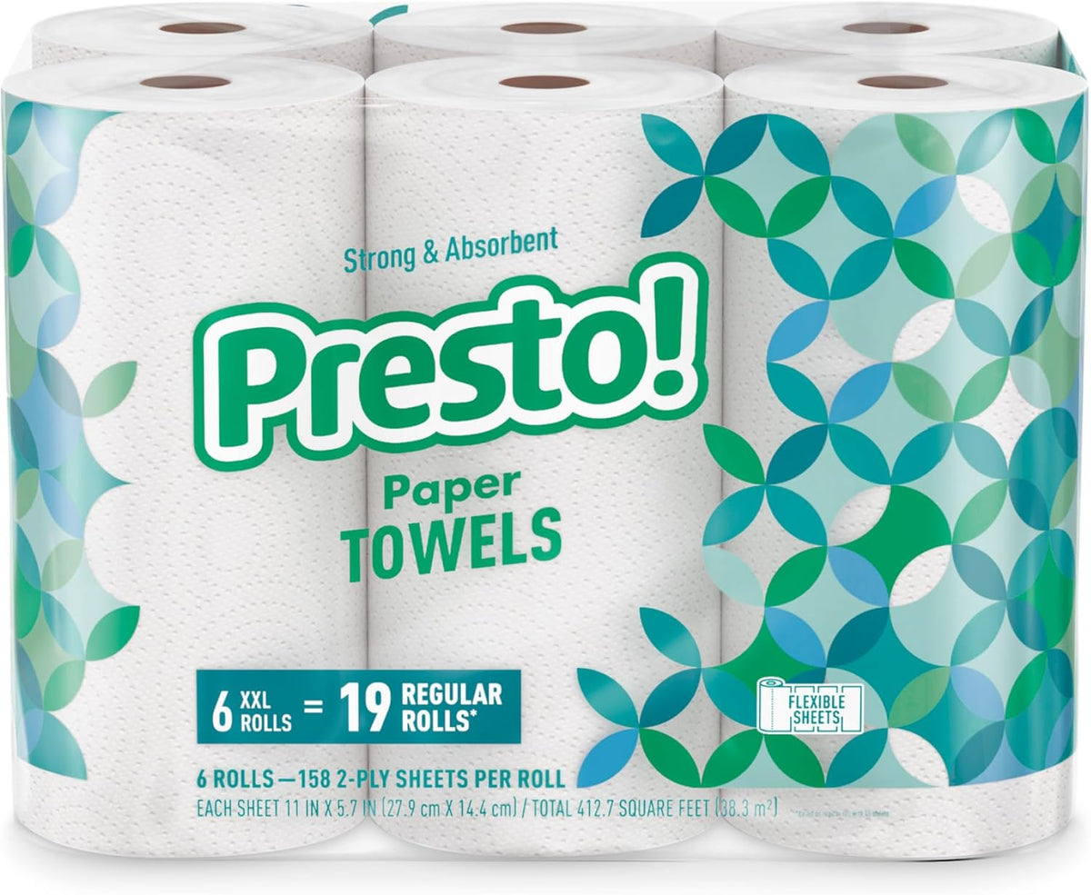 Amazon Brand - Presto! Ultra-Strong Premium Paper Towels, 158 Sheet Huge Roll - Flex-a-Size, 12 Rolls (2 Packs of 6), Equivalent to 38 Regular Rolls, White