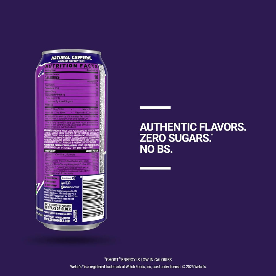 Energy Drink Welch's Grape – 200mg Natural Caffeine & Nootropic Focus Blend, Zero Sugar and No Artificial Colors, Vegan & Gluten-Free, 16 oz Cans (12-Pack)