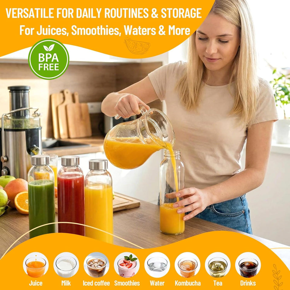 Clear Glass Bottles with Lids 18 oz, Reusable Glass Water Bottles with Stainless Steel Cap for Refrigerator, Juicing, 100% Leak Proof, BPA Free, Juice Bottle Drinking Jar Containers Set of 6