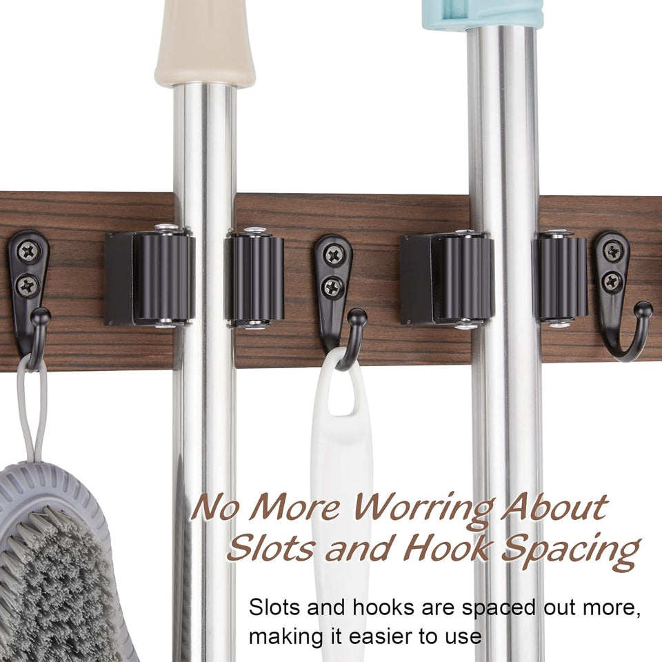 Mop and Broom Holder Wall Mount - Rustic Wood Broom Mop Hanger - Wall Mounted Garden Tool Rack Organizer for Closet Garage Laundry Room Kitchen Decor With 4 Slots & 4 Hooks - PureLivingMart