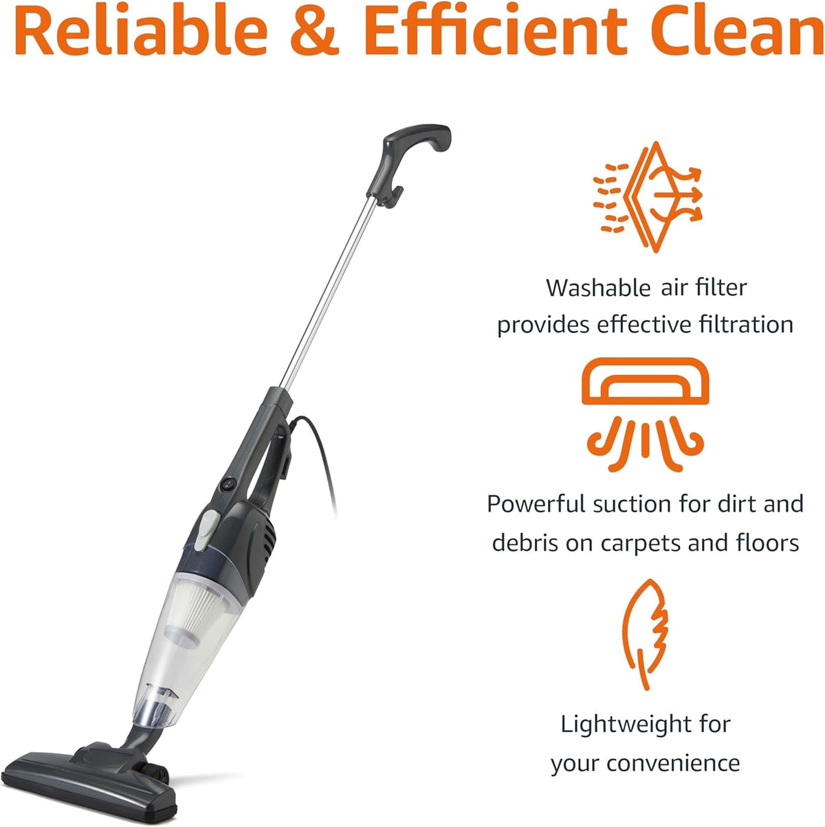 Amazon Basics 2-in-1 Corded Stick Vacuum Cleaner, Convertible to Handheld, Lightweight (3.9 LBS), with Washable Filter, Crevice Tools, 0.5L Dust Cup, 19.7-Ft Cord, 300W, Black