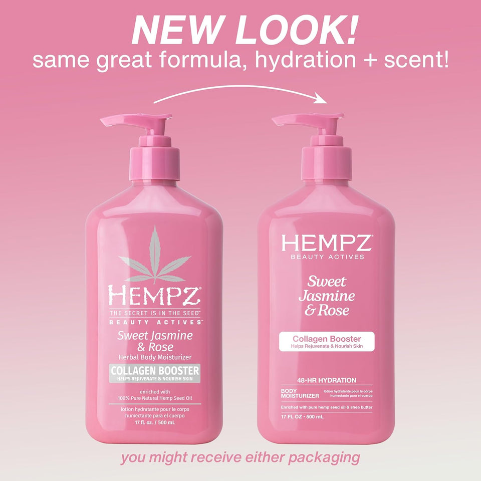 Hempz Sweet Jasmine & Rose Herbal Body Moisturizer for Women, 17 Fl. oz. - Moisturizing Lotion with 100% PLre Hemp Seed Oil, Collagen, Shea Butter - Hydrating Vegan Lotion for Dry Skin