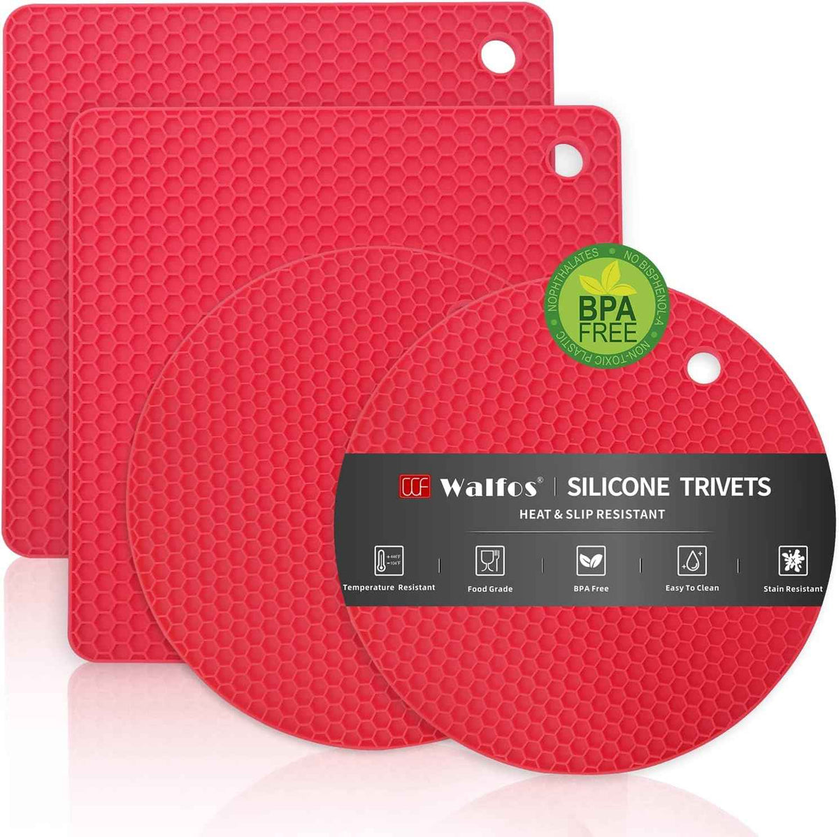 Walfos Silicone Trivet Mats - 4 Heat Resistant Pot Holders, Multipurpose Non-Slip Hot Pads for Kitchen Potholders, Hot Dishers, Jar Opener, Spoon Holder, Food Grade Silicone & BPA Free (Black)