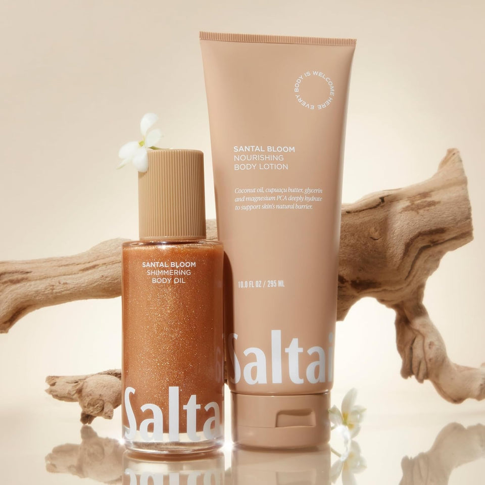 Saltair Shimmering Body Oil - Santal Bloom Scented Dry Oil Moisturizer with Light-Reflecting Pearl Pigments. Moisturizing Glow for All Skin Types - 4 Fl Oz