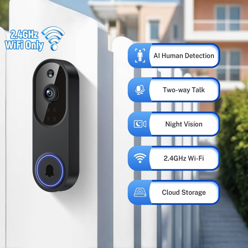Orbitell 1080p Wireless Wi-Fi Video Doorbell Camera with Two Way Audio, Night Vision, Cloud Storage, Smart AI Motion Detection, Support 2.4GHz Wi-Fi only