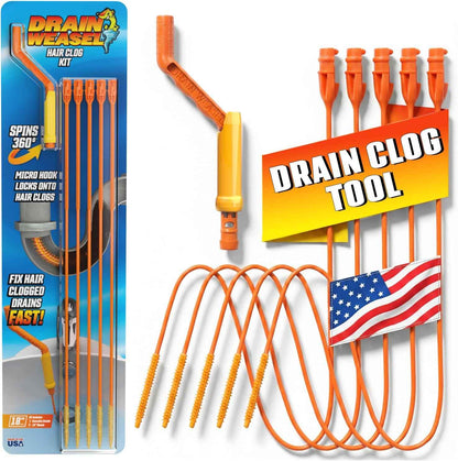 FlexiSnake 18-inch USA-made drain snake for hair clog removal with 5 wands and removable handle
