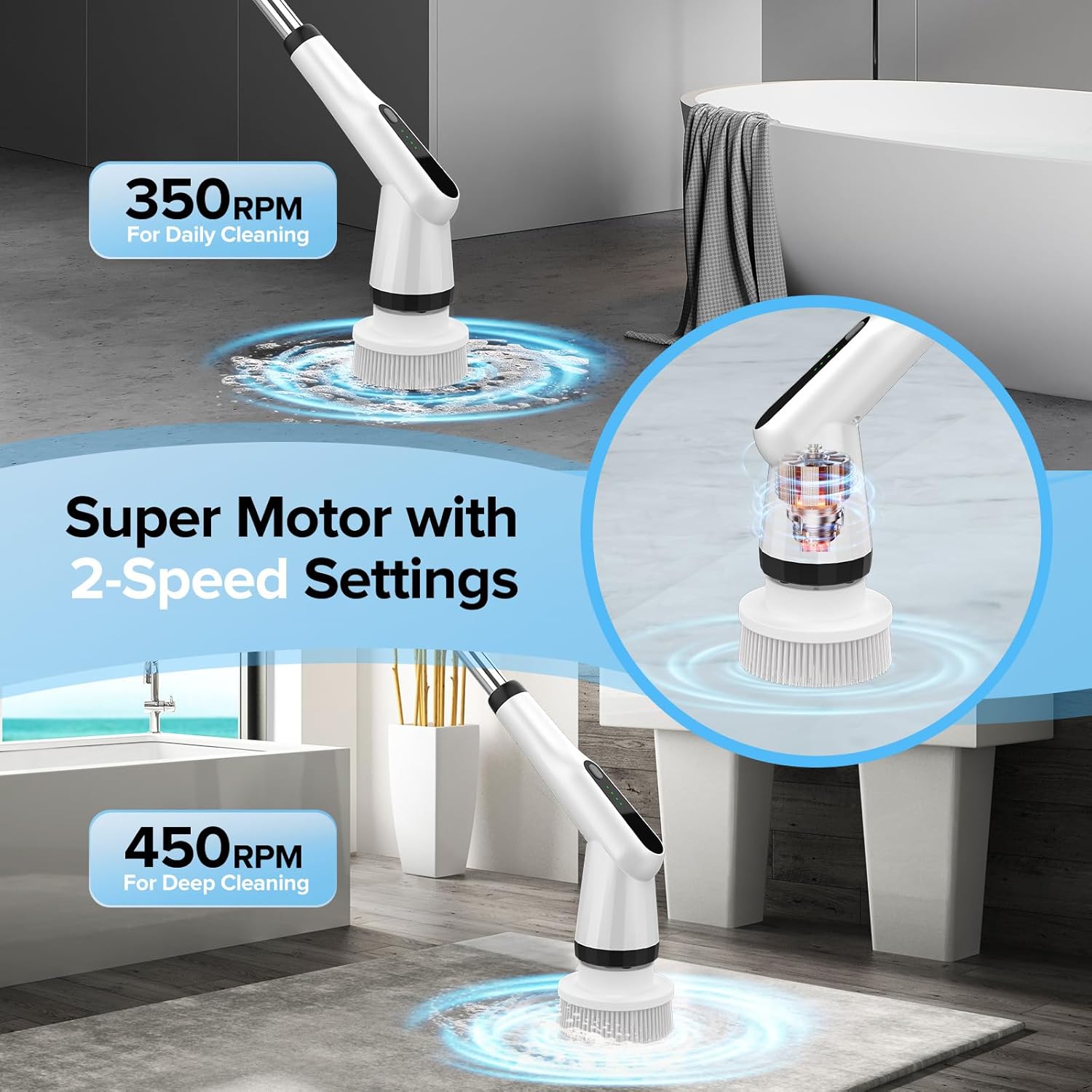 Electric Spin Scrubber, Dreazu IPX7 Shower Scrubber with 7 Replaceable Brush Heads & Retractable Handle, 2-Speed Adjustable Shower Cleaner for Bathroom, Bathtub, Kitchen, Tile Floors
