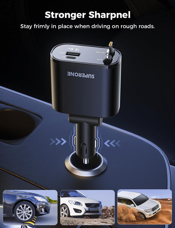 ‹ېUpgraded‹ÛÔ SUPERONE Retractable Car Charger 4 in 1, Fast Car Phone Charger with Cord 2.6ft, USB C and Apple Car Adapter, Compatible with iPhone 17 16 15/15 Pro Max/14/13/12/11, Galaxy, Pixel - PureLivingMart