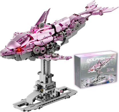 Myth Qholve Mechanical Blue Dolphin Building Blocks Set Hand-Operated Motion, Detailed Gear Design, Display & Play Model Futuristic Ocean Animal Model