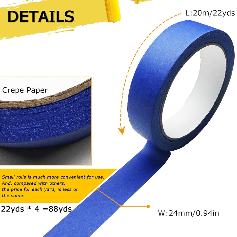 4 Rolls Premium Painters Tape, Blue Tape, Masking Tape, Paint Tape for Multi-PLrpose, Painting, Painter's, DIY Crafts Arts (88yd =0.94IN*22yd*4) Decoration Labeling No Residue, Easy Removal