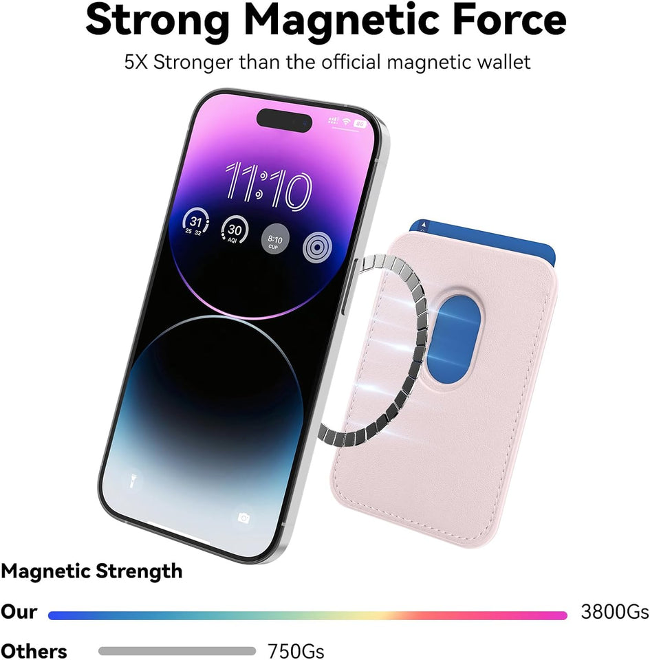 Magnetic Wallet Cell Phone Card Holder for Phone Case, Stronger Magnetic RFID Leather Phone Wallet Stick on Series of iPhone 17/16/15/14/13/12 and Pro/Promax, Light Pink