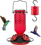 FEED GARDEN Glass Hummingbird Feeder, 16oz Outdoor Hanging Bird Feeder with Ant Moat, 4 Bee-Proof Feeding Ports, 360° Perch, Leak-Proof, Red