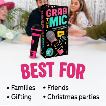 Lucky Egg Official Grab The Mic – Family Karaoke Board Game w/Foam Mic, 8+ Ages, 2-10 Players - Games for Bad Singers w/ 240 Lyrics (120 Cards) (First Edition)