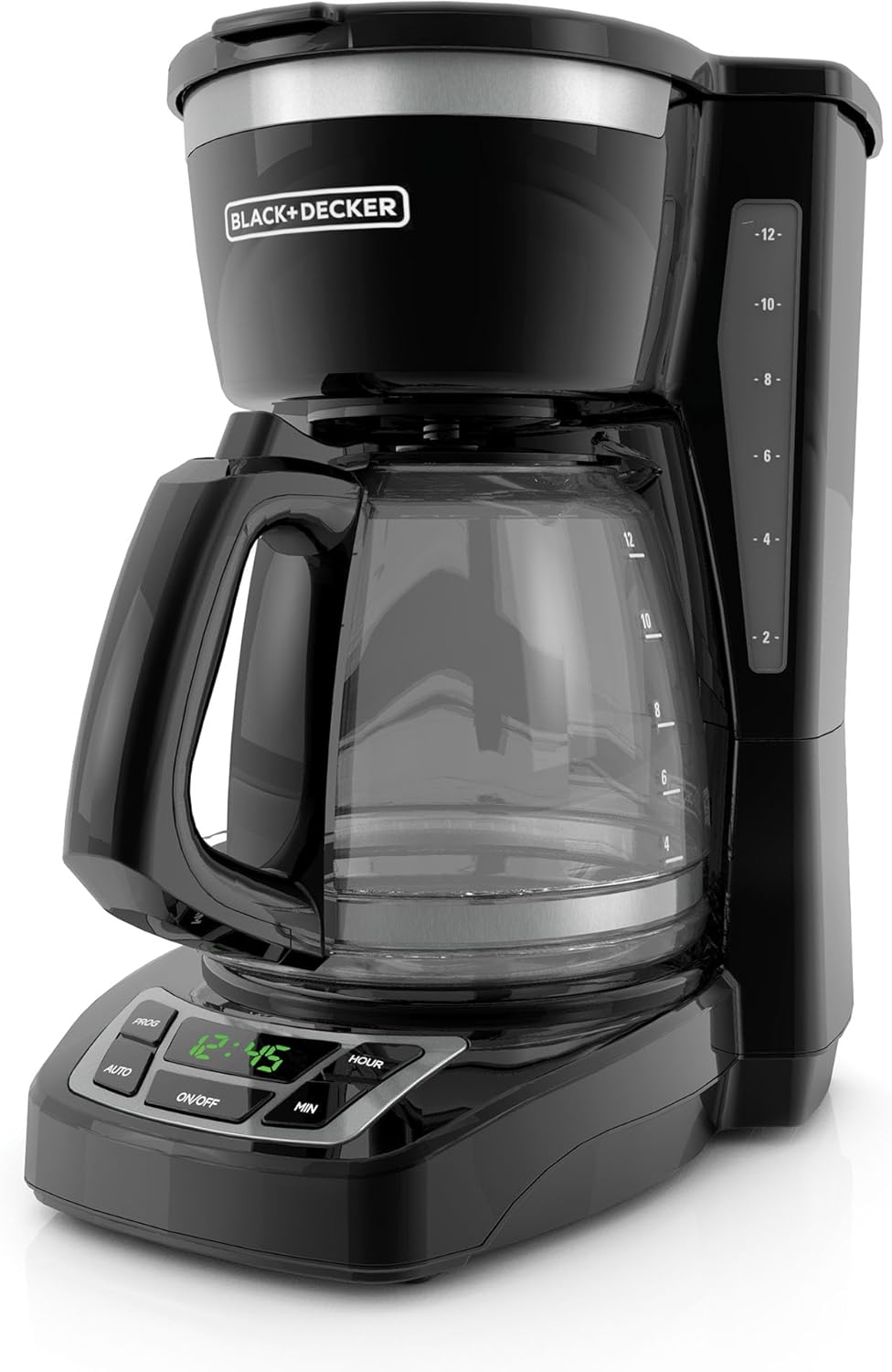 BLACK+DECKER 12-Cup Digital Coffee Maker, Programmable, Washable Basket Filter, Sneak-A-Cup, Auto Brew, Water Window, Keep Hot Plate, Black