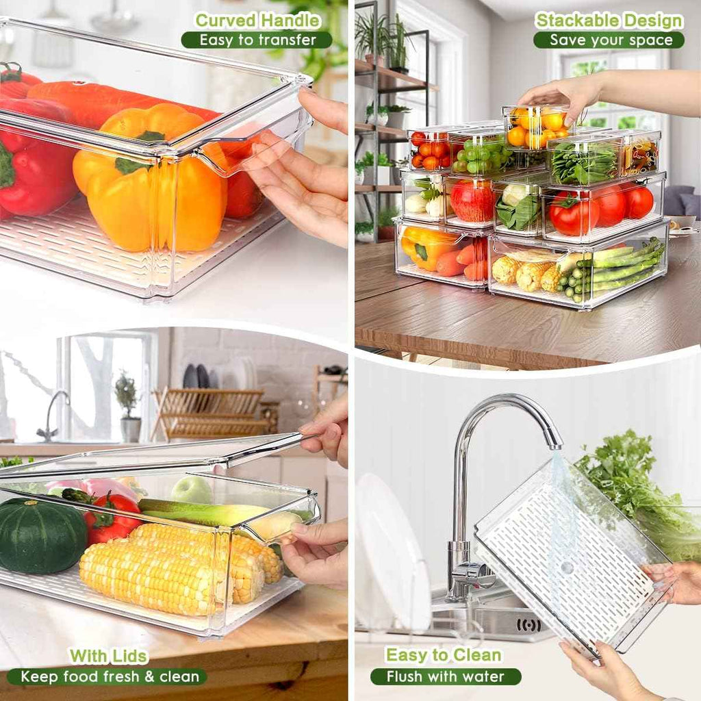14 Pack Stackable Fridge Organizer Bins with BPA-Free Lids, Storage Containers for Fruits, Vegetables, and More