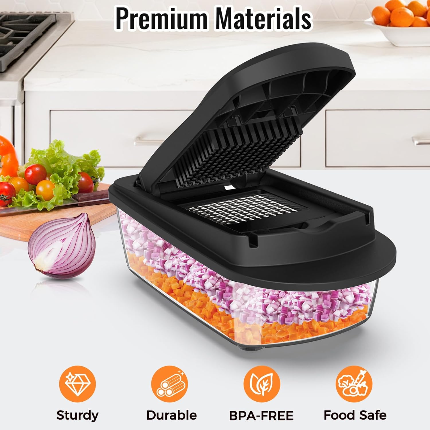 8 Blade All-in-1 Vegetable Chopper Mandoline Slicer with Container, Food Chopper, Onion Chopper, Veggie Cutter for Salad, Kitchen Gadgets Accessories Essentials, Black