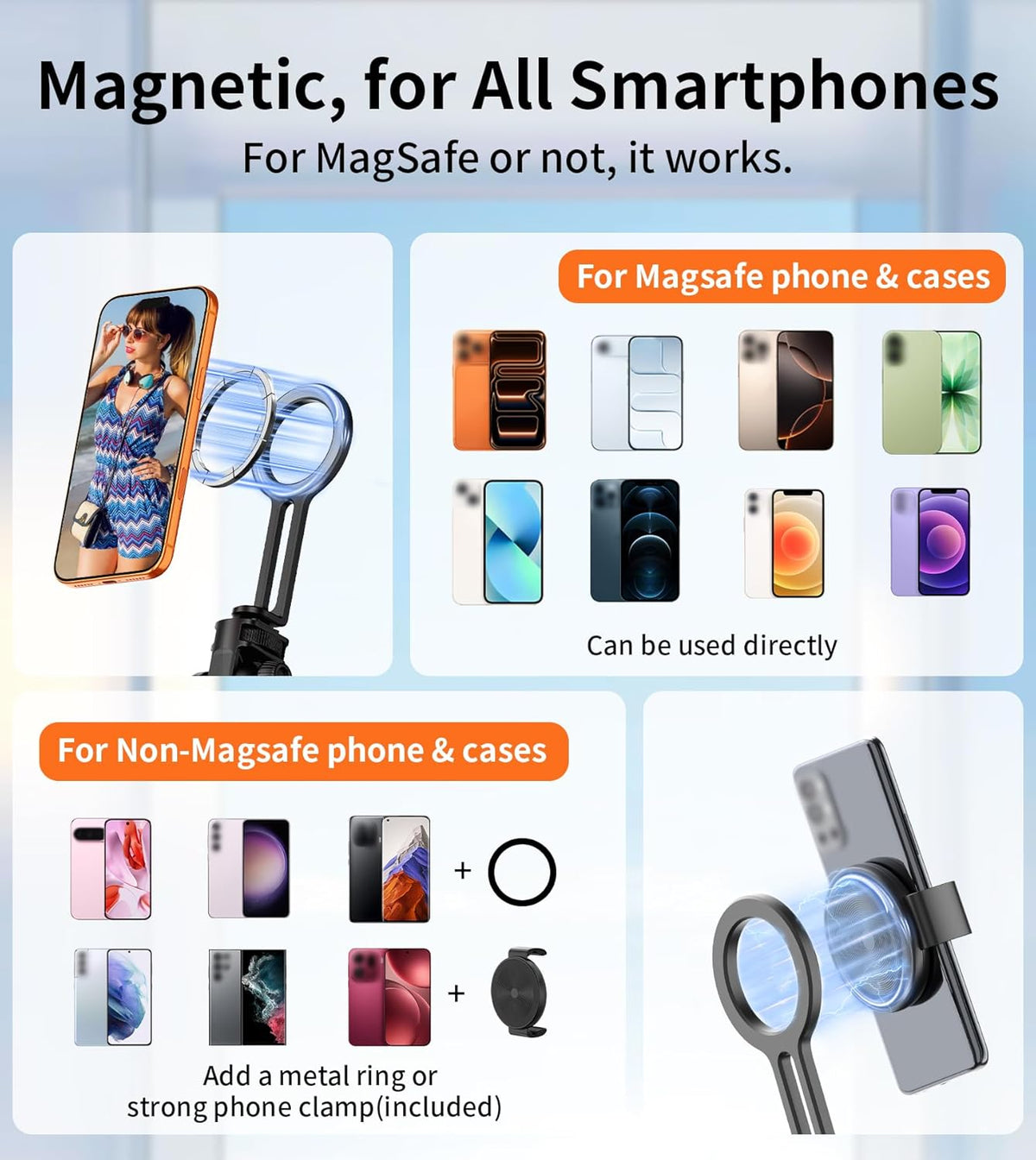 69" Magnetic Phone Tripod Head for All Phones,Selfie Stick Monopod for Magsafe with Remote & Phone Mount Adapter,Portable Tripod for iPhone/Android,Camera Accessory Kits,Photo,Vlogging,Travel