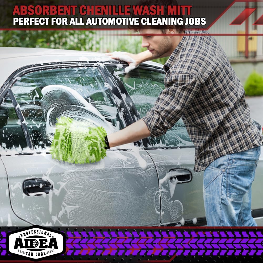 AIDEA 2PK Premium Chenille Microfiber Car Wash Mitts, Green, 7.12''x10.14''