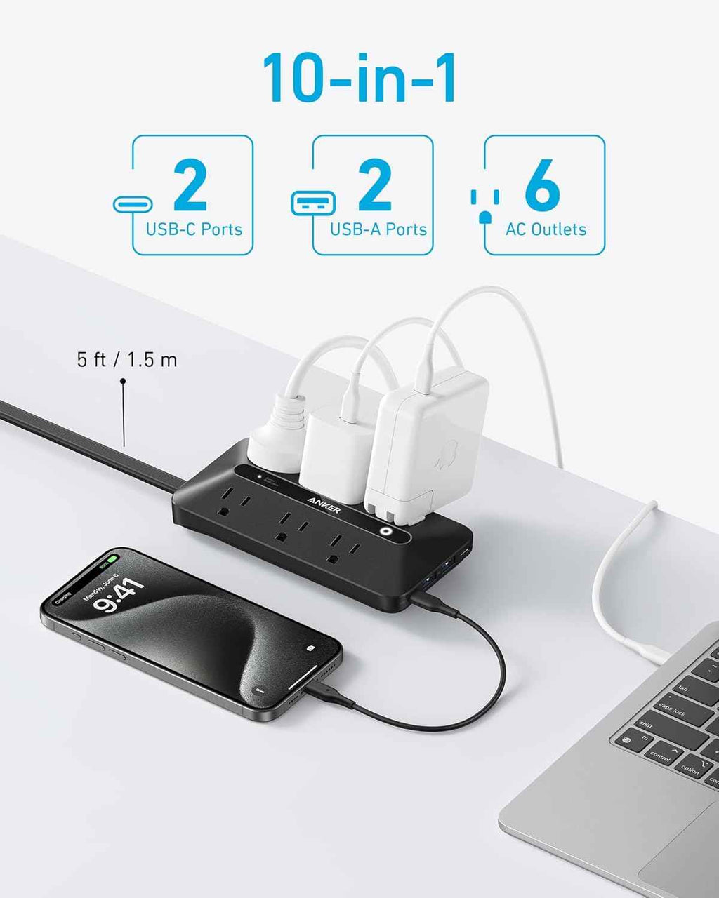 anker 300j flat plug 10-in-1 ultra thin power strip with 6 ac and 3 usb ports, extension cord, desk charging station, 5 feet, black