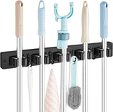 Mop and Broom Holder Wall Mount - Rustic Wood Broom Mop Hanger - Wall Mounted Garden Tool Rack Organizer for Closet Garage Laundry Room Kitchen Decor With 4 Slots & 4 Hooks - PureLivingMart