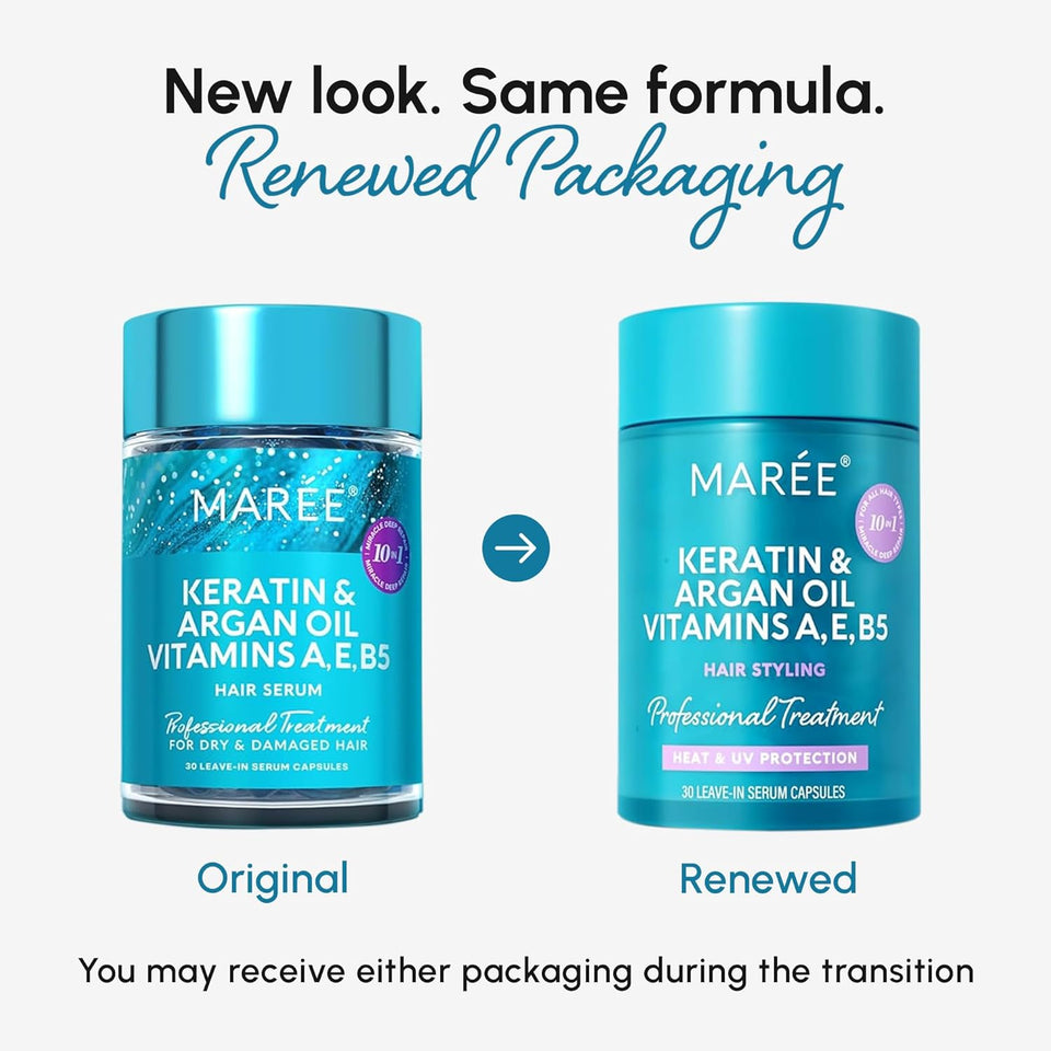 MAREE Hair Serum for Frizzy Dry Hair – Styling Capsules with Keratin, Argan Oil, Vitamins A E B5 – UV & Heat Protectant Frizz Control Serum for Women – Aceite Para el Cabello Treatment | for Frizzy, for Women, Frizzy, Damaged