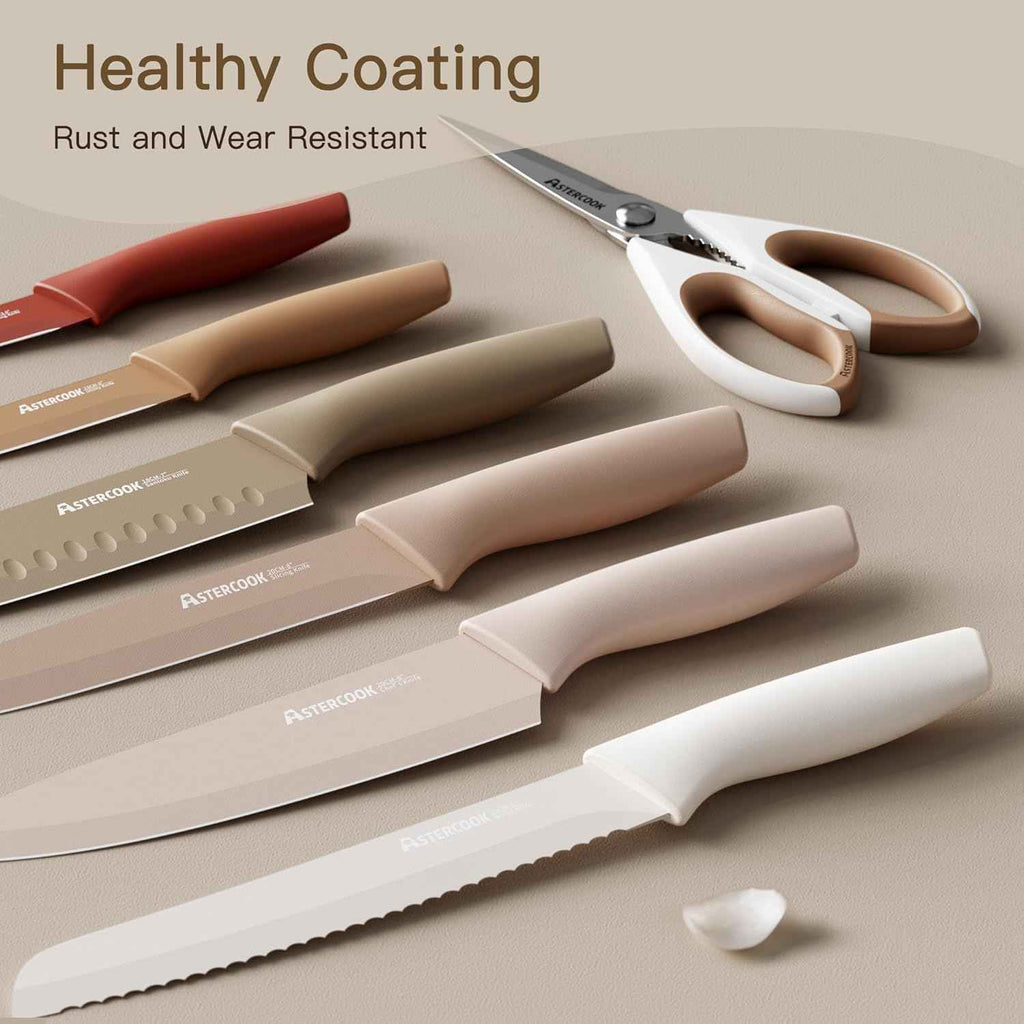 Astercook 13-Piece Kitchen Knife Set, Healthy Anti-Rust Coating, Dishwasher Safe, Stainless Steel