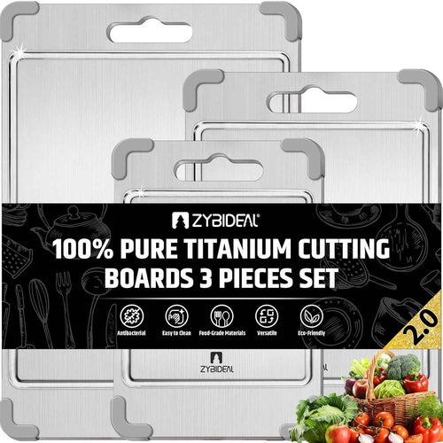 3Pcs 100% Pure Titanium Cutting Board with Grooves, Update Double Side Titanium Chopping Board, Silicone Anti-slip Stainless Cutting Boards Set for Kitchen