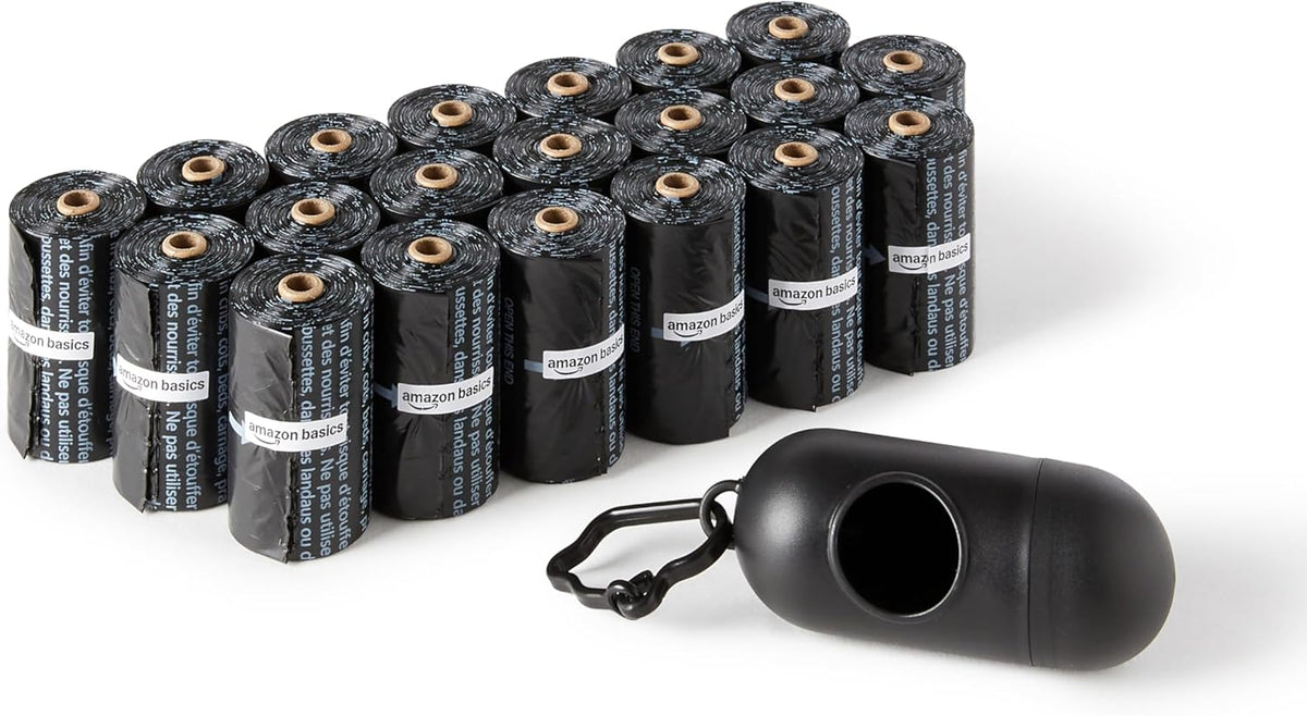 Amazon Basics Dog Poop Bags with Dispenser, 300 Count, Enhanced for Guaranteed Leakproof, Unscented, Includes Leash Clip