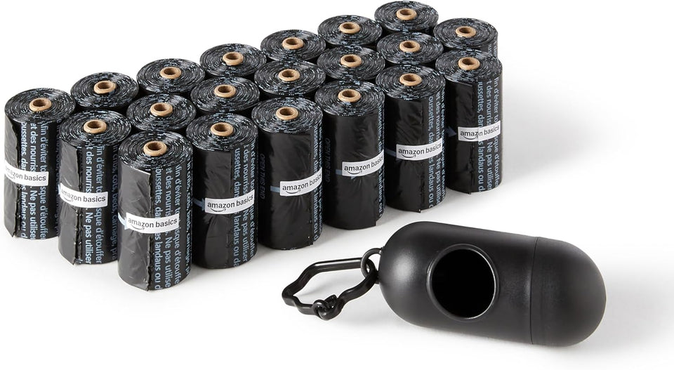 Amazon Basics Dog Poop Bags with Dispenser, 300 Count, Enhanced for Guaranteed Leakproof, Unscented, Includes Leash Clip