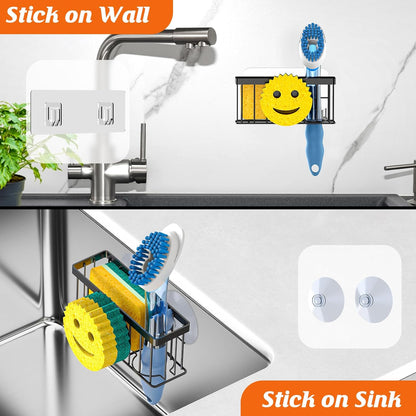 Sponge Holder Smiley Face, Sink Caddy for kitchen Sink, Kitchen Organizer Sponge Holder with 2 PCS Suction Cups/1 PCS Adhesive Strips, Designed for Sponge, Soap, Dish brush, Scrubber-Black