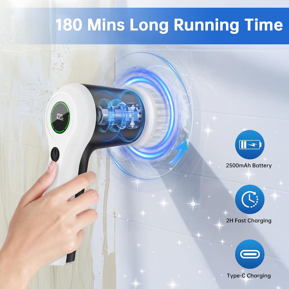 PLFTEM Electric Spin Scrubber, Cordless Shower Scrubber with Battery Level Display, 2 Speeds Electric Scrubber for Cleaning with 6 Replaceable Heads, Cleaning Brush for Bathroom/Sink/Window