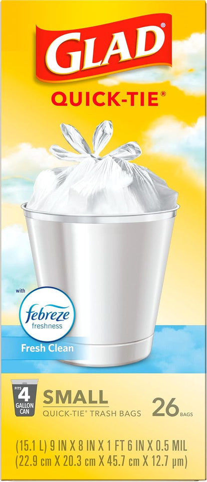 Glad Small Trash Bags 4 Gallon, Febreze Fresh Clean Garbage Bags, Odor Resistant with Quick Tie, 26 Count - PureLivingMart