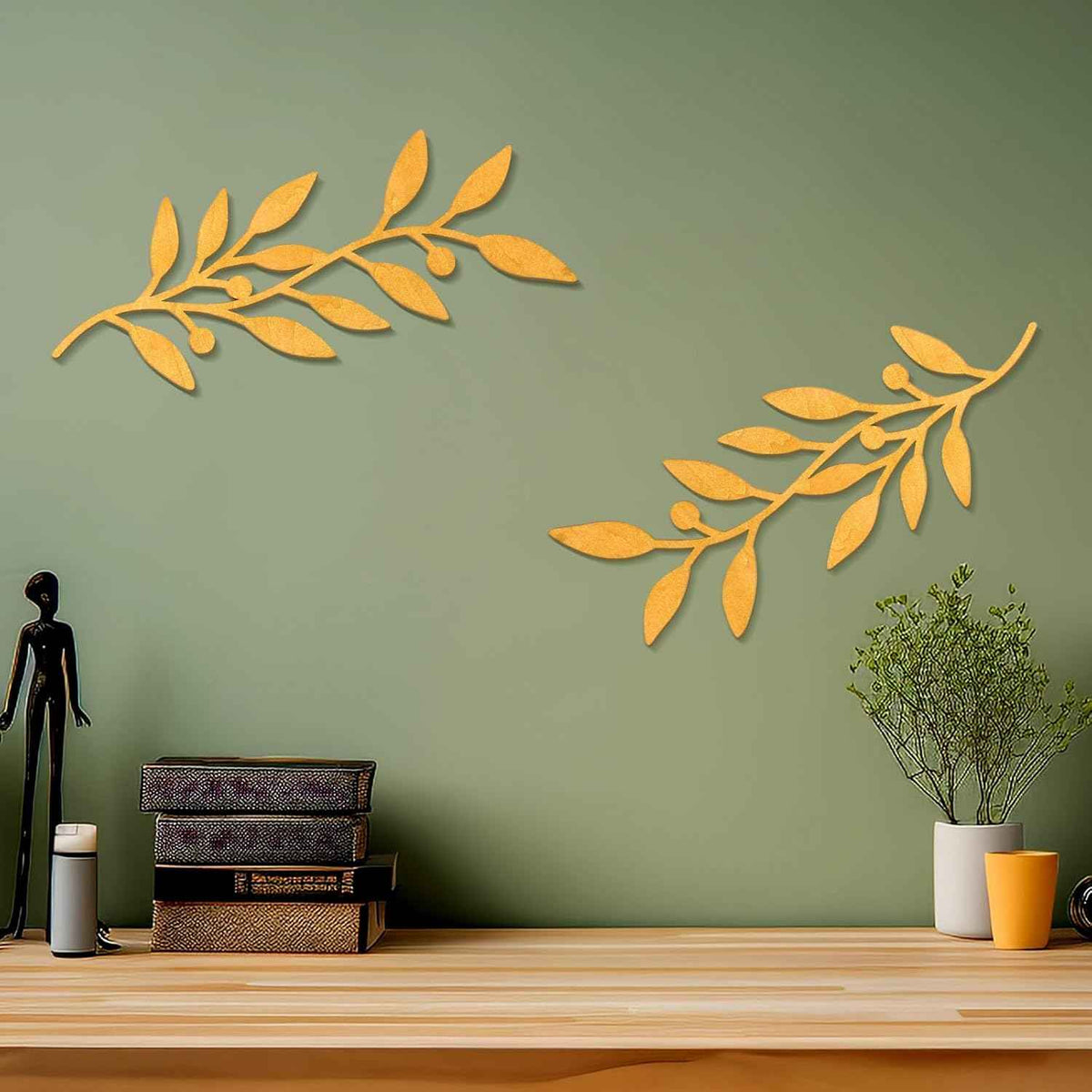 Zzbakress 2 Pieces Wooden Vine Olive Branch Leaf Leaf Wall Decor,Farmhouse Signs for Living Room Decoration (Gold)