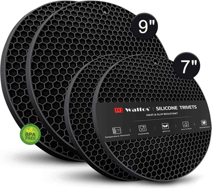 Walfos Silicone Trivet Mats - 4 Heat Resistant Pot Holders, Multipurpose Non-Slip Hot Pads for Kitchen Potholders, Hot Dishers, Jar Opener, Spoon Holder, Food Grade Silicone & BPA Free (Black)