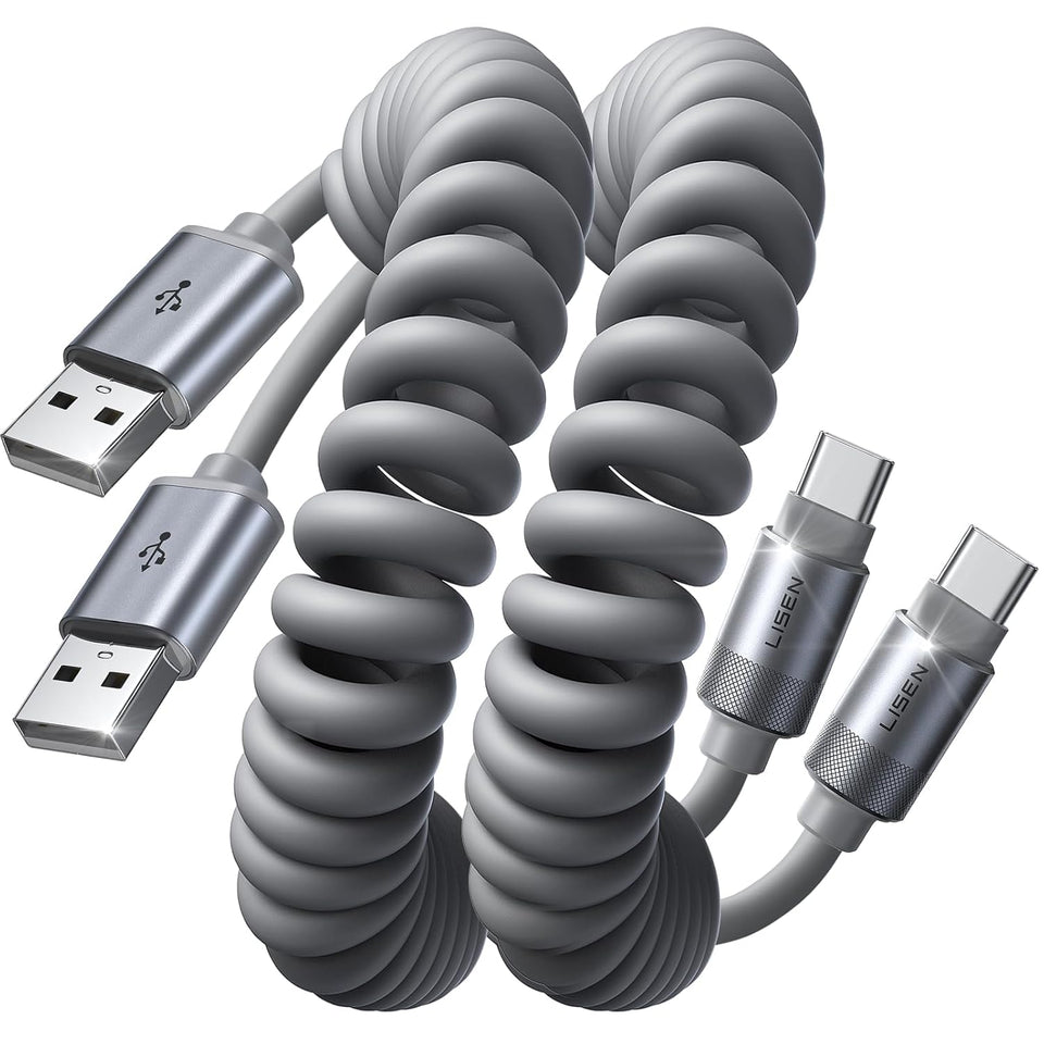 LISEN Coiled USB C Cable, 2 Pack for Android Auto & CarPlay Cable, Durable Short USB A to USB C Cable Gifts for Men Women Compatible with iPhone 17/16/15, Samsung Galaxy S25/S24/S23 A15/A14, Gray 4FT