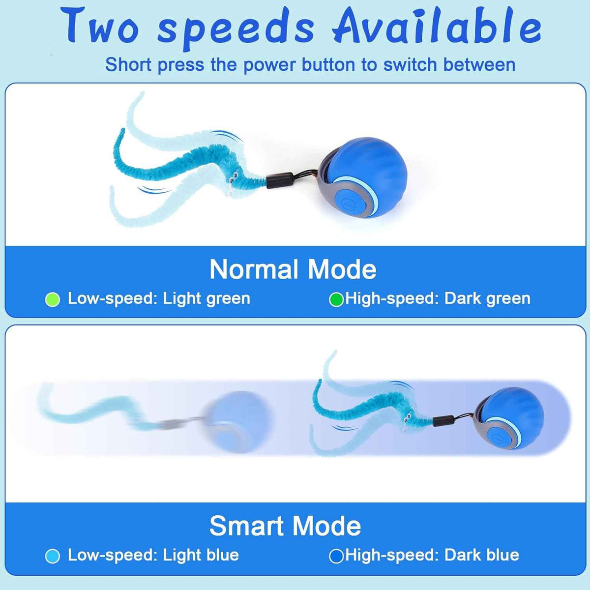 Baborui automatic interactive cat toy ball for small/medium/large cats with 3 tails, 2 speeds, rechargeable blue