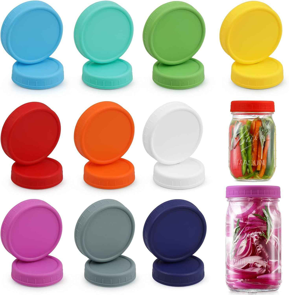 AOZITA 10 pack wide mouth and regular mouth food grade plastic mason jar lids - leakproof and dishwasher safe multicolor